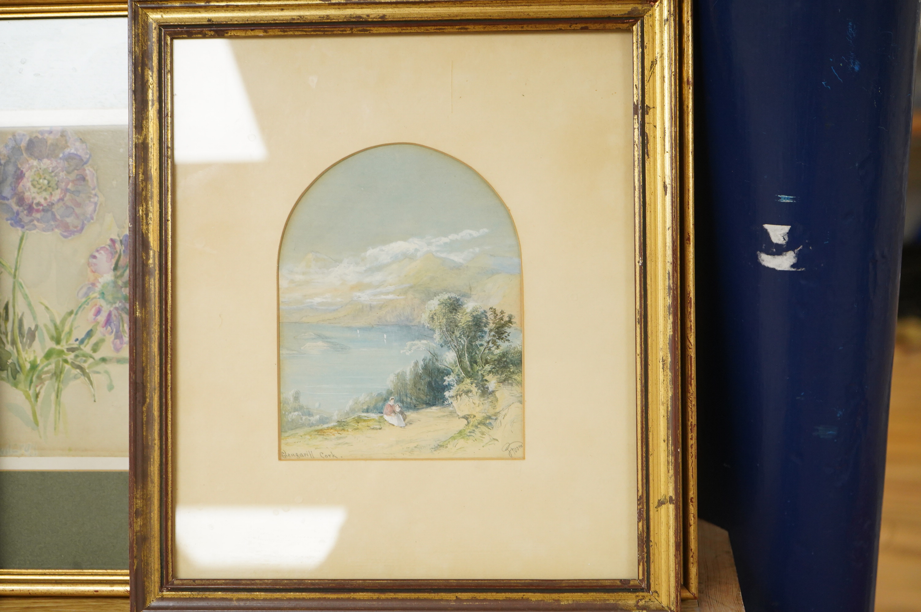 R. E. Cowderoy, Botanical studies, set of three watercolours framed as one, together with a 19th century watercolour of Glengarill, Cork and an oil painting by Sue Broadley, largest 12.5 x 17cm